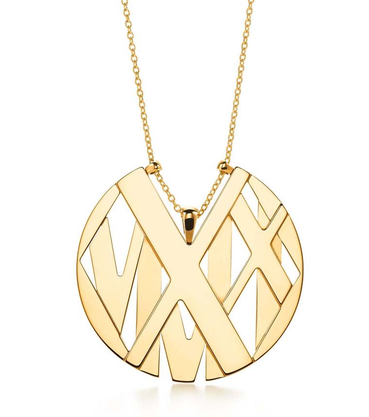 Tiffany Atlas medallion necklace in yellow gold, strung on a 36 inch chain.